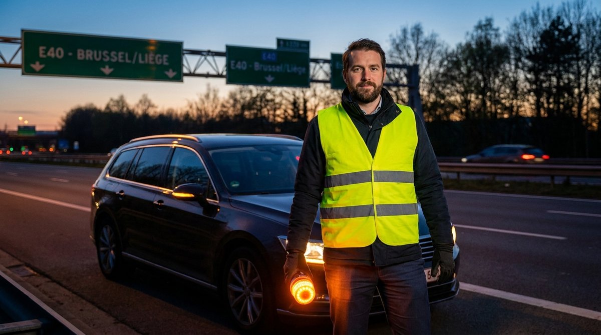 Man met veiligheidsvest op de E40
